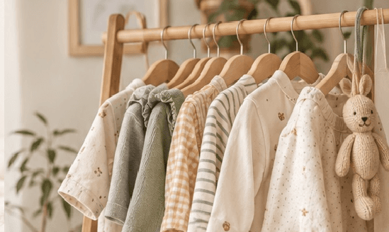 Perchero con ropa de bebé en tonos suaves y un conejito tejido